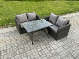 Fimous Outdoor Garden Furniture Sets 3 Pieces Wicker Rattan Furniture Sofa Sets with Rectangular Dining Table Love Sofa
