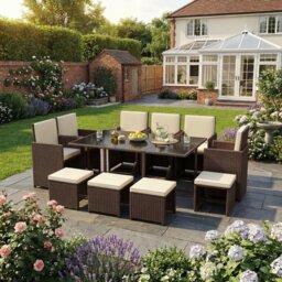 Garden Vida Cuba 10 Seater Rattan Set Folding Chair Stool Dining Table Outdoor Garden Furniture, Brown