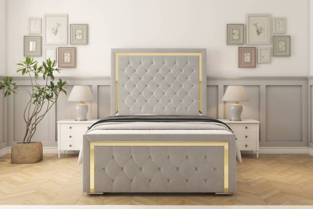 "Sloomy Sofia Gold Silver Plush Bed Frame With Mattress With 50"" Upholstered Headboard 6' Super King"