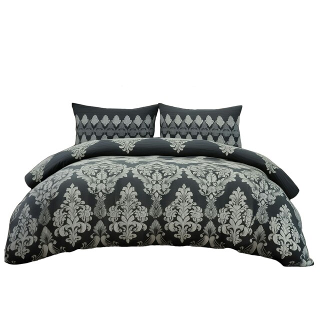 Duvet Cover And Pillowcase Set Natural Black Stripe Floral Design Polycotton Bed Linen Black Black Double