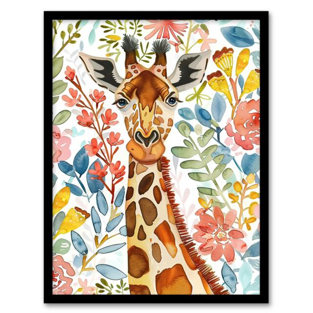 Giraffe Colourful Floral Watercolour Portrait Black Framed Wall Art Print A4
