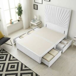 Sunburst Divan Bed with 4 Drawers & 54'' Floor Standing Headboard Plush Velvet White White