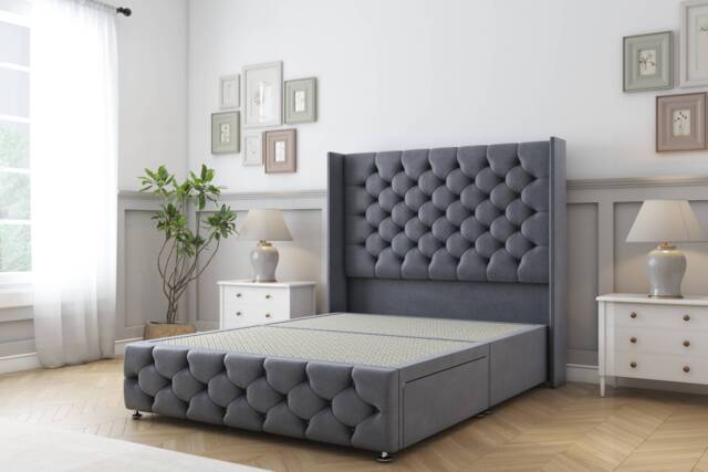 Sloomy Luthor Steel Plush Divan Bed Base No Drawers With 54 Inch Wingback Headboard & 12 Inch Matching Footboard Grey Steel Small Single 1