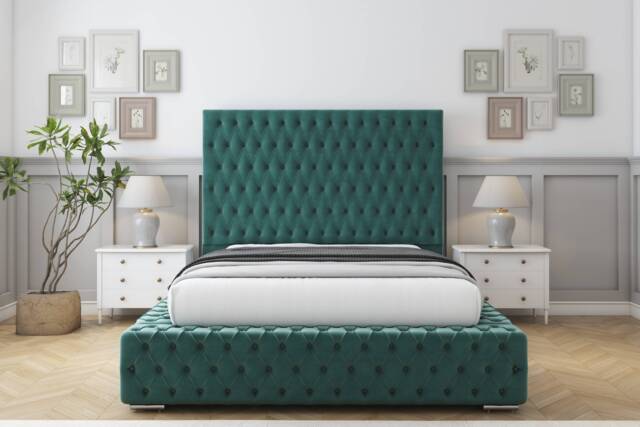 "Sloomy Ambassador Emerald Plush Bed Frame With 50"" Upholstered Headboard 4' Small Double"