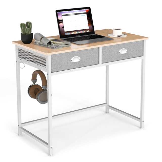 COSTWAY Computer Desk Space Saving Home Office Desk w/2 Fabric Drawers-Natural