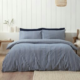 Catherine Lansfield Brushed Stripe Cotton Reversible Duvet Cover Set Navy Blue Blue Navy Blue King