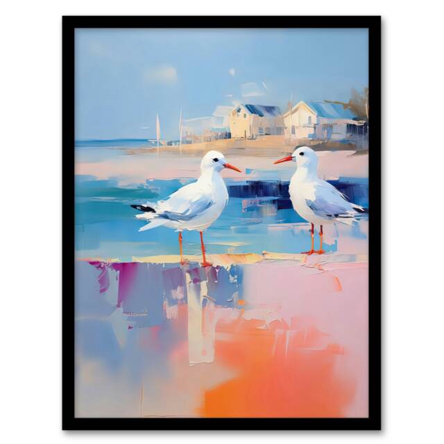 Seagull Birds Pastel Colour Pink Orange Home Decor Black Framed Wall Art Print A4