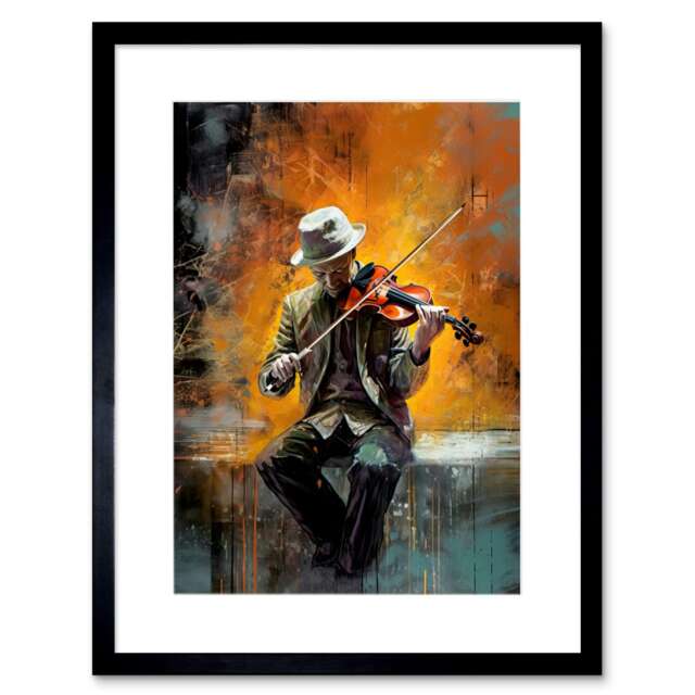 "Street Musician Playing Jazz Music his Violin 9x7"" Black Framed Wall Art Print"
