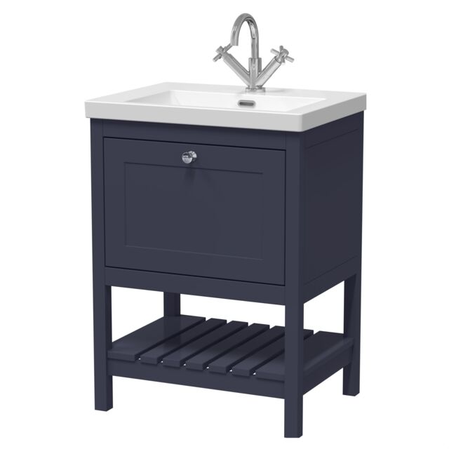 Balterley Coppenhall Contemporary 1 Drawer Floor Standing Vanity Unit with Fireclay Basin, Indigo Blue, 600mm