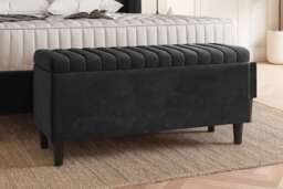 137cm Lined Upholstered Ottoman Storage box - Black Plush Velvet Blanket Storage Box with Wooden Legs