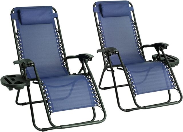 Straame Zero Gravity Reclining Chairs, Set of 2 Folding Outdoor Sunloungers (Navy) Blue Navy 2