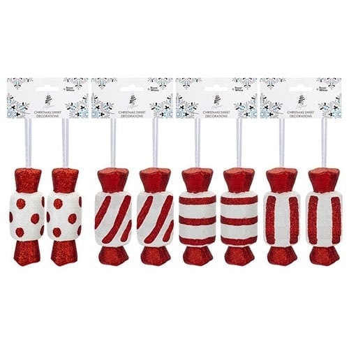 Assorted Christmas Red & White Glitter Candy Cane Sweets Hanging Tree Decorations - Pack of 2