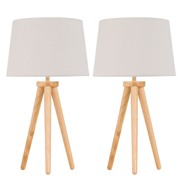 Set of 2 Light Oak Table Lamp Bedside Lights with Natural Linen Shades Brown Brown Large 2