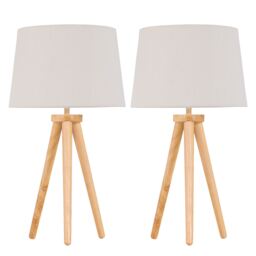Set of 2 Light Oak Table Lamp Bedside Lights with Natural Linen Shades Brown Brown Large 2