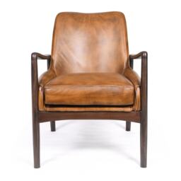 Tan Brown Genuine Real Hide Leather Armchair – Fully Assembled Mid Century Modern Accent Chair with Solid Wood Frame – Vintage Lounge Chair for Living Room, Office & Reading Corner