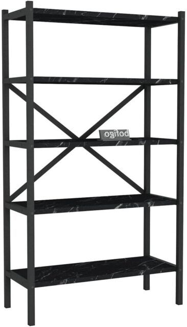 5-Shelf Wood Bookcase Unit With Metal Frame Home Decor Storage and Shelving Black Black Marble 1