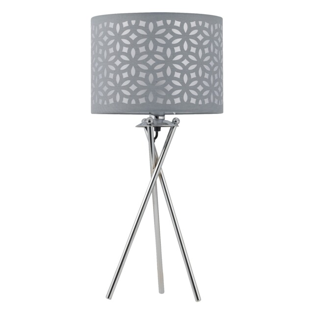 Chrome Tripod Table Lamp with Grey Laser Cut Shade Chrome Grey Large 1