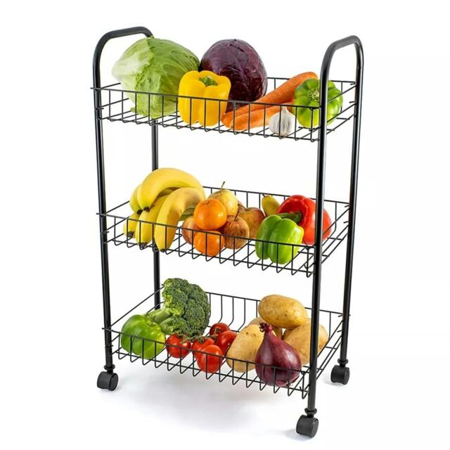 3 Tier Fruit Trolley Basket Rack Kitchen Storage Vegetable Cart Wheels Roller DIY - Black