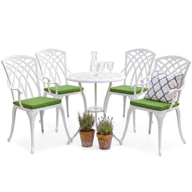 Centurion Supports OSHOWA Luxurious Garden and Patio Table and 4 Large Chairs with Armrests Cast Aluminium Bistro Set - White with Green Cushions