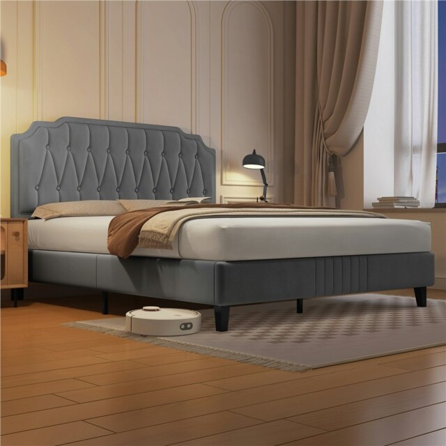 Yaheetech 5ft King Upholstered Bed Frame with Button-Tufted Headboard Light Grey