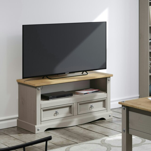 Corona Flat Screen TV Unit - Antique Waxed Pine Media Cabinet with Drawers, Shelf, and Traditional Mexican Design Grey Grey 1