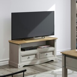Corona Flat Screen TV Unit - Antique Waxed Pine Media Cabinet with Drawers, Shelf, and Traditional Mexican Design Grey Grey 1