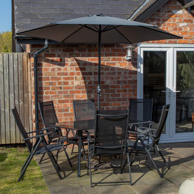 Outdoor 6 Person Rectangular Glass Top Garden Dining Table Chairs With Grey Havana Parasol and Base Set