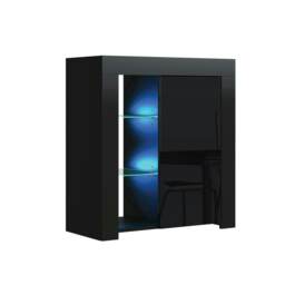 Sideboard 75cm Black Gloss Door Black Matt Body Glass Shelves Free LED Black
