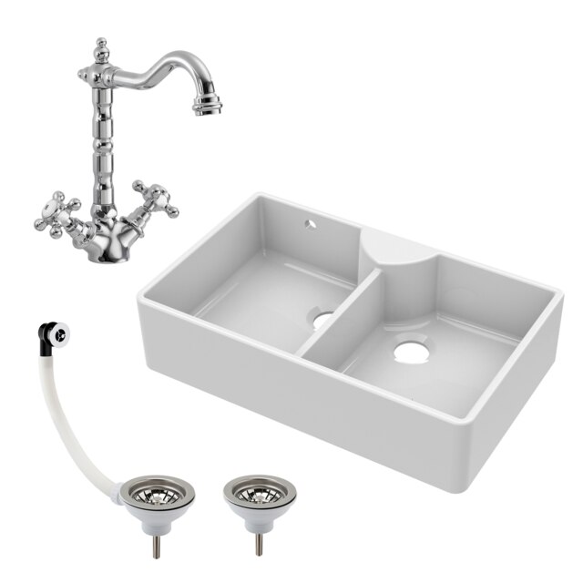 Fireclay 895mm Double Bowl Butler Kitchen Sink - Stepped Weir, Classic Tap & Wastes, Traditional Ceramic Belfast Style