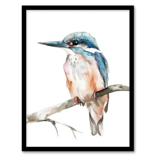 Kingfisher Bird Modern Watercolour Simple Black Framed Wall Art Print A4