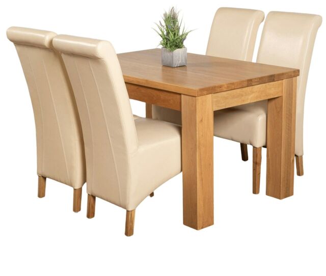 Dakota 127 x 82cm Oak Small Dining Table and 4 Montana Leather Chairs Cream Cream