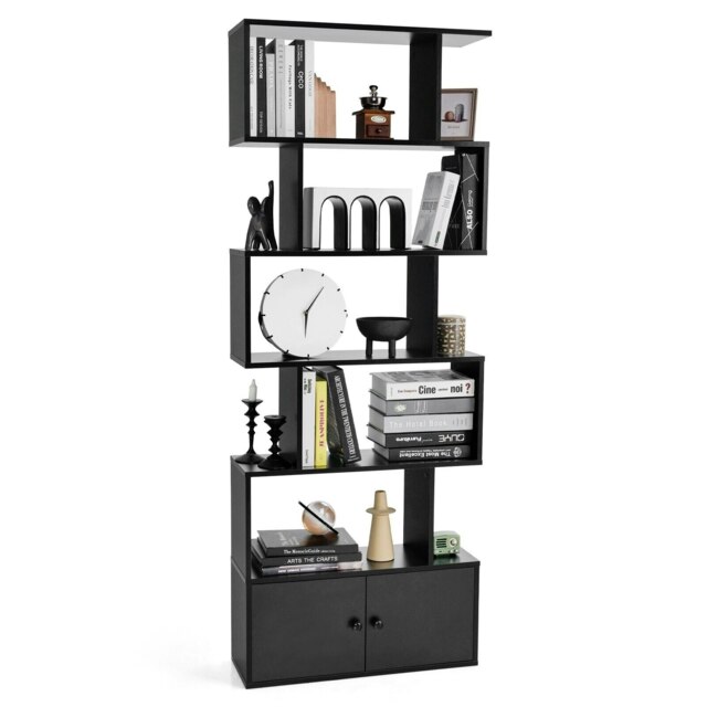 COSTWAY 5-tier Bookcase S-Shaped Bookshelf Display Rack Black Black