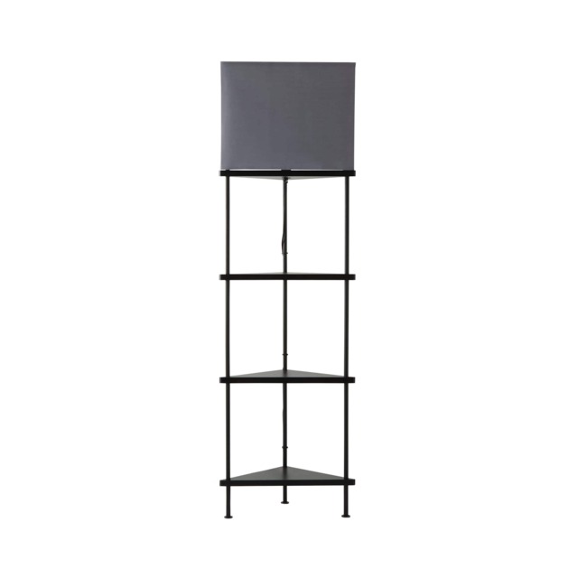 ValueLights Taska Black Wood 3 Tier Shelf Corner Floor Lamp Grey Shade Black Grey