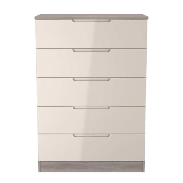 Lucca 5 Drawer Chest of Drawers in Kashmir Gloss & Grey Oak (Ready Assembled) Cream Kashmir Gloss & Grey Oak