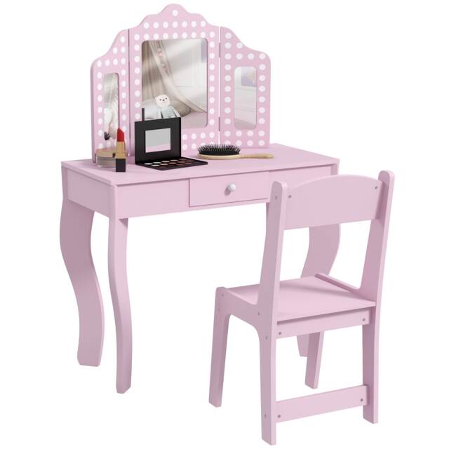 AIYAPLAY Kids Dressing Table Set Make up w Stool, Drawer, for Playroom Pink