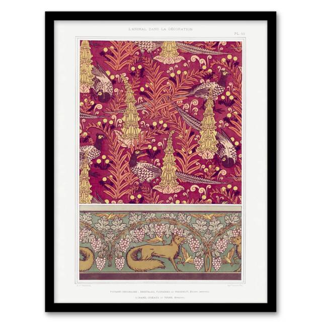 "Flowers Pheasants Foxes Patterns Vintage Framed Wall Art Print Verneuil 12x16"""