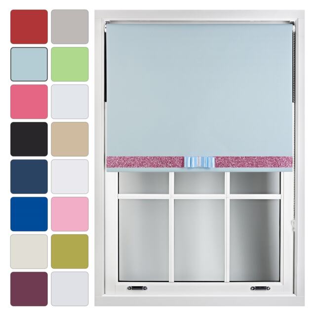 FURNISHED Blackout Roller Blinds with Glitter Trim and Bow Insulated Designed Window Shade Blue Duck Egg Blue (W) 60cm x (L) 165cm