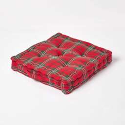 Homescapes Cotton Edward Tartan Floor Cushion - 50 x 50 cm Red 50 x 50 cm