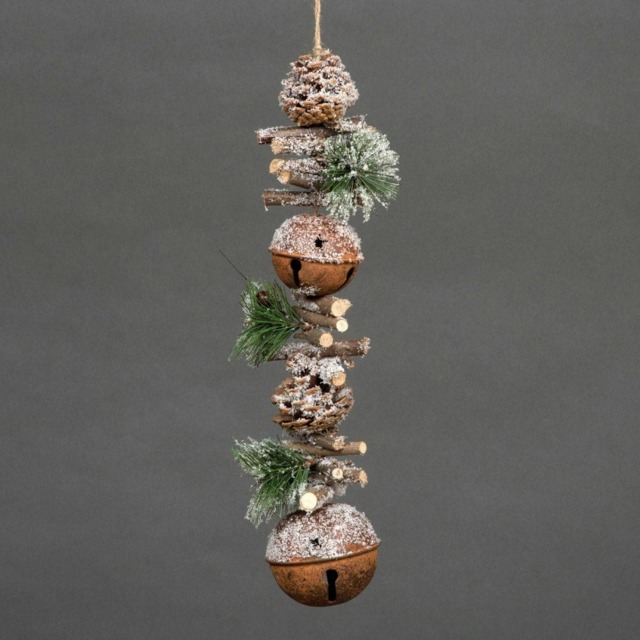 Hanging Decoration with Jingle Bells Wooden Sticks, Berries and Pinecones Christmas Home Wall Door 50 CM Rustic