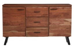 Orsina Large Acacia Sideboard, Solid Acacia Wood 2‑Door, 3‑Drawer Buffet Cabinet, Black Iron Legs & Hardware