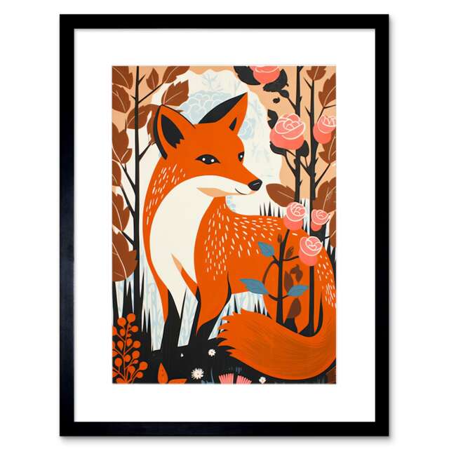 "Fox Rose Bush Pastel Autumn Forest Landscape 9x7"" Black Framed Wall Art Print"
