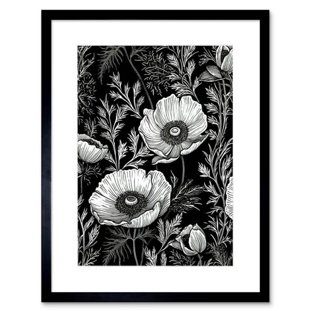 "Poppy Wildflower Pattern Black White 9x7"" Black Framed Wall Art Print"