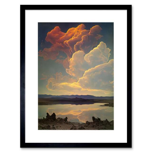 "Vintage Style Atmospheric Cloud Reflections Lake Modern 9x7"" Black Framed Wall Art Print"