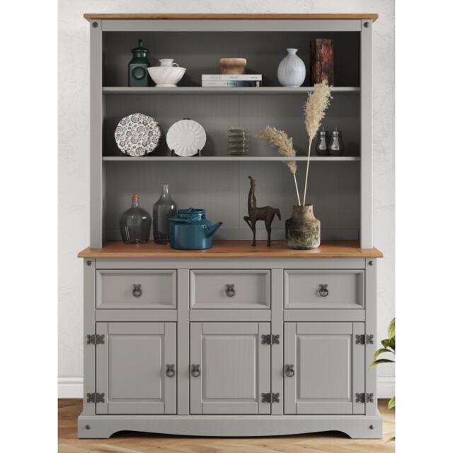 Mercers Furniture Corona Grey Wax 3 Door 3 Drawer Dresser Sideboard Cabinet Large Buffet Hutch Open Storage Solid Wood Mexican Pine Wooden Kitchen Dining Room