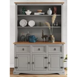 Mercers Furniture Corona Grey Wax 3 Door 3 Drawer Dresser Sideboard Cabinet Large Buffet Hutch Open Storage Solid Wood Mexican Pine Wooden Kitchen Dining Room
