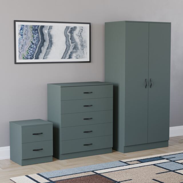 Vida Designs Riano 3 Piece Bedroom Set (2 Drawer Bedside Chest, 5 Drawer Chest, 2 Door Wardrobe) - Green