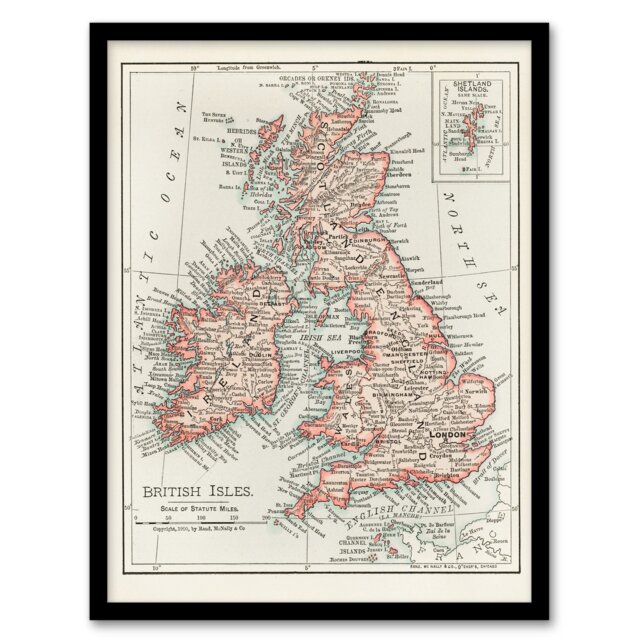 "1900 British Isles Map Rand Mcnally Vintage Framed Wall Art Print 12X16"""
