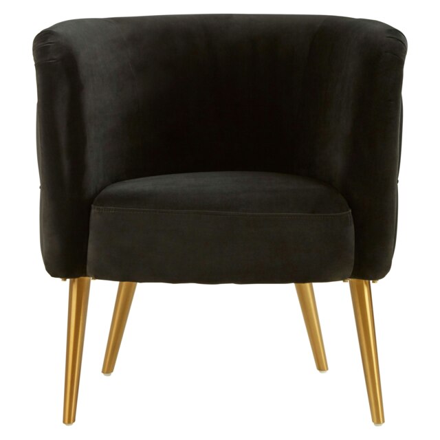 Orsina Black Velvet Tub Chair With Gold Finish Legs, Luxe Curved Barrel Design Accent Chair, Lounge Chair