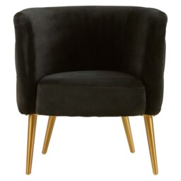 Orsina Black Velvet Tub Chair With Gold Finish Legs, Luxe Curved Barrel Design Accent Chair, Lounge Chair