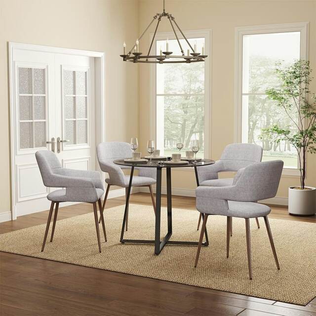 Living and Home Modern Round Dining Table with Tempered Glass Top, Black